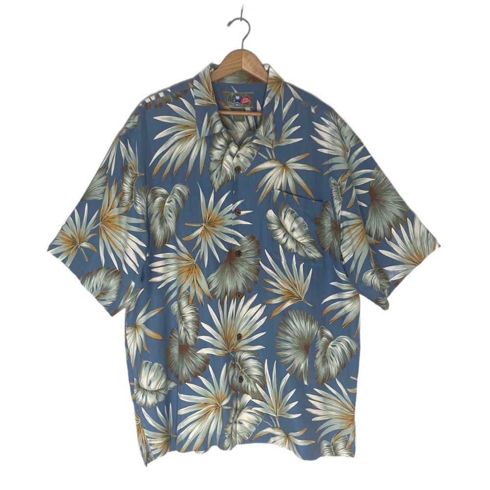 Hilo Hattie Blue 100% Silk Hawaiian Button Down Shirt Tropical Leaf Fronds - M